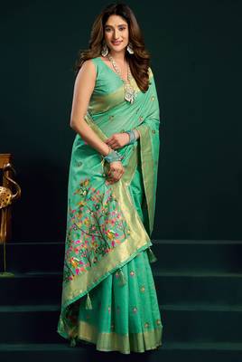 Sea green munga cotton mina work with zari border & cute finish saree with blouse 2