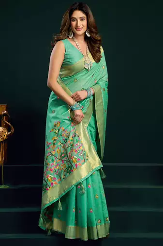 Sea green munga cotton mina work with zari border & cute finish saree with blouse