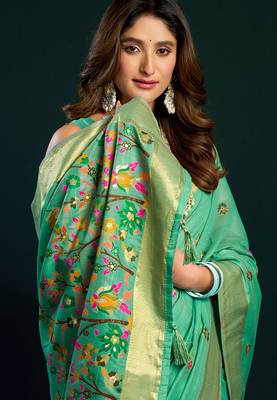 Sea green munga cotton mina work with zari border & cute finish saree with blouse 3