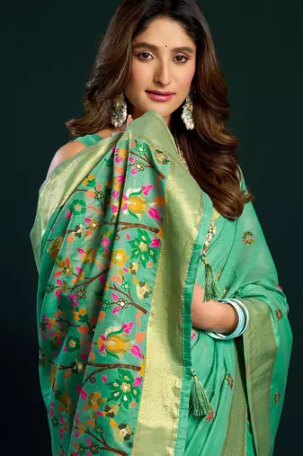 Sea green munga cotton mina work with zari border & cute finish saree with blouse