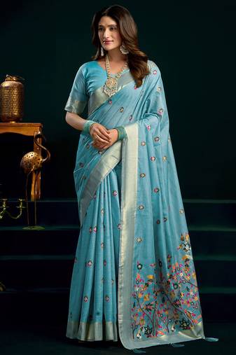 Sky blue munga cotton mina work with zari border & cute finish saree with blouse