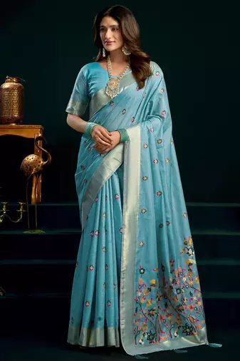Sky blue munga cotton mina work with zari border & cute finish saree with blouse