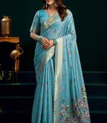 Sky blue munga cotton mina work with zari border & cute finish saree with blouse