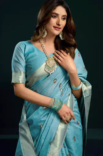 Sky blue munga cotton mina work with zari border & cute finish saree with blouse
