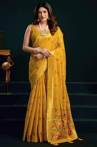 Mustard munga cotton mina work with zari borde saree with blouse