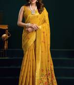 Mustard munga cotton mina work with zari borde saree with blouse