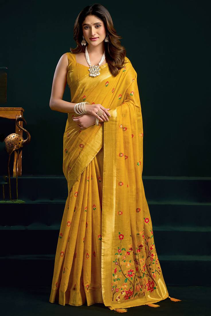 Mustard munga cotton mina work with zari borde saree with blouse
