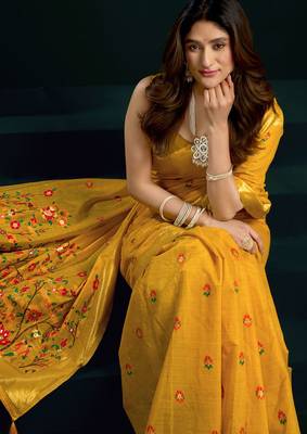 Mustard munga cotton mina work with zari borde saree with blouse 2