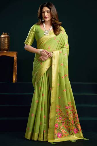 Parrot green munga cotton mina work with zari border & cute finish saree with blouse