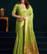 Parrot green munga cotton mina work with zari border & cute finish saree with blouse