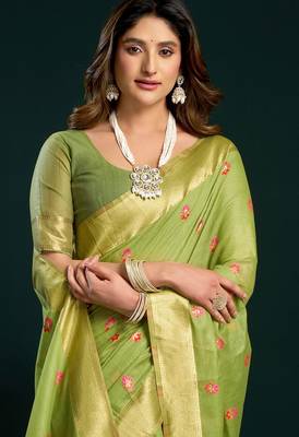 Parrot green munga cotton mina work with zari border & cute finish saree with blouse 2