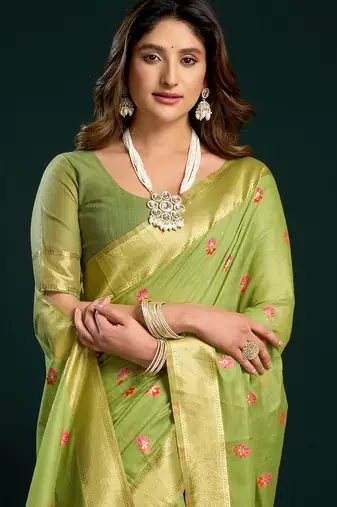 Parrot green munga cotton mina work with zari border & cute finish saree with blouse
