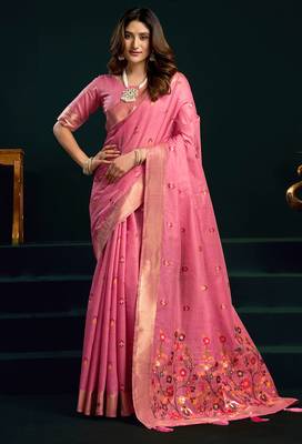Pink munga cotton mina work with zari border & cute finish saree with blouse 1