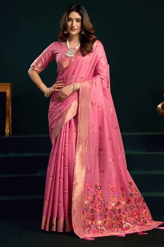 Pink munga cotton mina work with zari border & cute finish saree with blouse