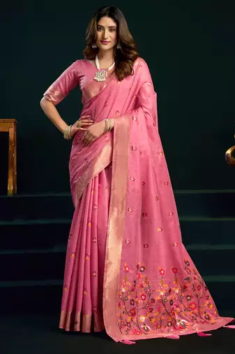 Pink munga cotton mina work with zari border & cute finish saree with blouse