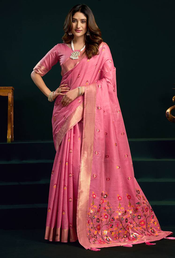 Pink munga cotton mina work with zari border & cute finish saree with blouse