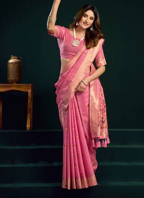Pink munga cotton mina work with zari border & cute finish saree with blouse 2