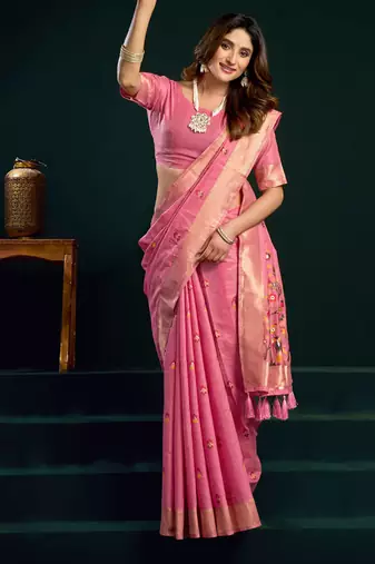 Pink munga cotton mina work with zari border & cute finish saree with blouse
