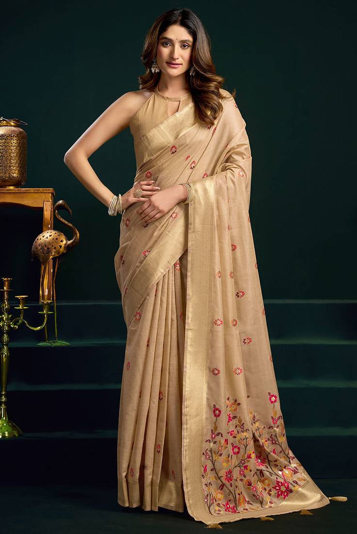 Beige munga cotton mina work with zari border & cute finish saree with blouse