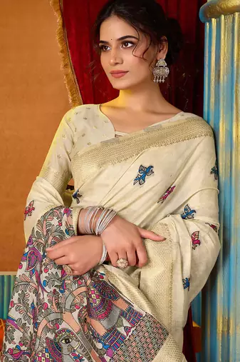 Cream woven work with saree with blouse