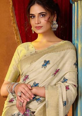 Cream woven work with saree with blouse 3