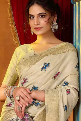 Cream woven work with saree with blouse
