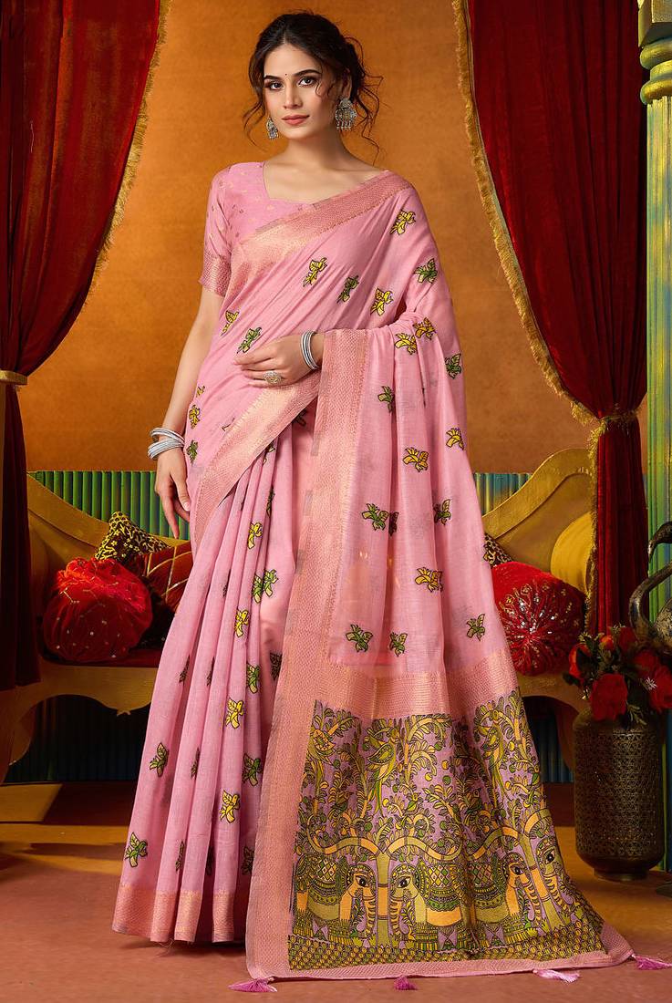 Pink woven work with saree with blouse