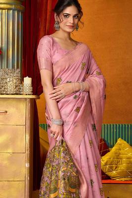 Pink woven work with saree with blouse 2