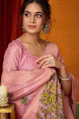 Pink woven work with saree with blouse