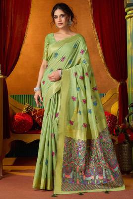 Green woven work with saree with blouse 1
