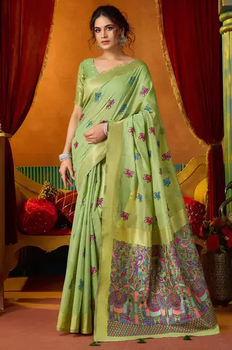 Green woven work with saree with blouse