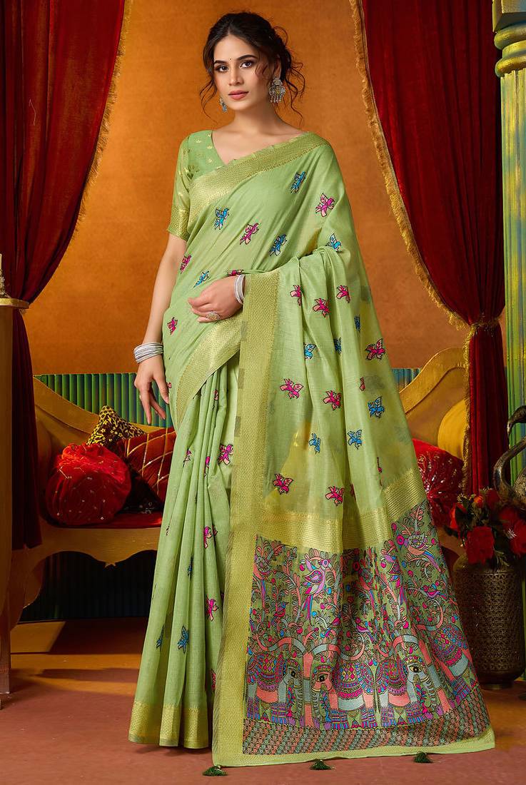 Green woven work with saree with blouse