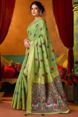 Green woven work with saree with blouse 2