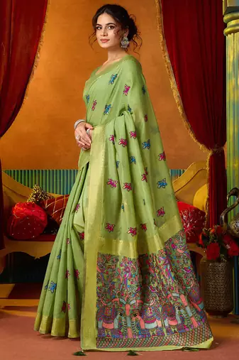 Green woven work with saree with blouse