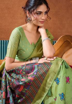 Green woven work with saree with blouse 3