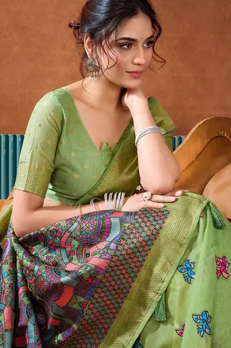 Green woven work with saree with blouse