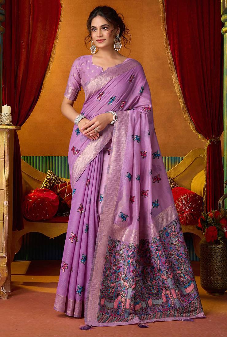 Lavender woven work with saree with blouse