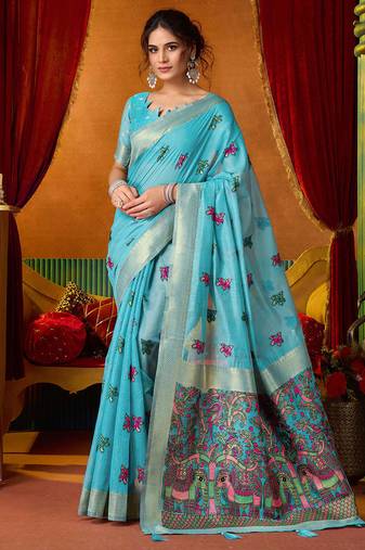 Sky blue woven work with saree with blouse
