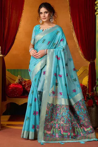 Sky blue woven work with saree with blouse