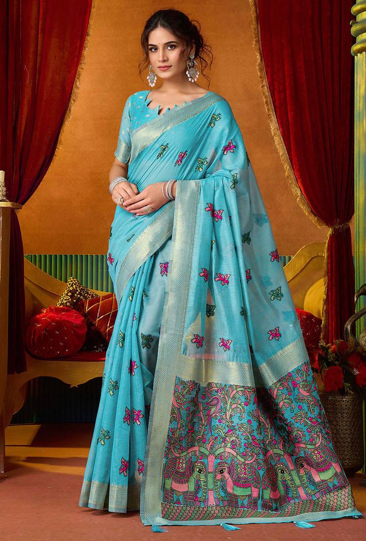 Sky blue woven work with saree with blouse