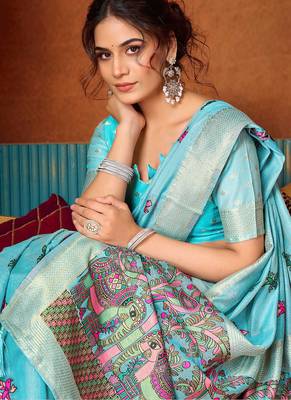 Sky blue woven work with saree with blouse 2