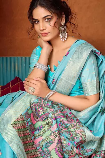 Sky blue woven work with saree with blouse