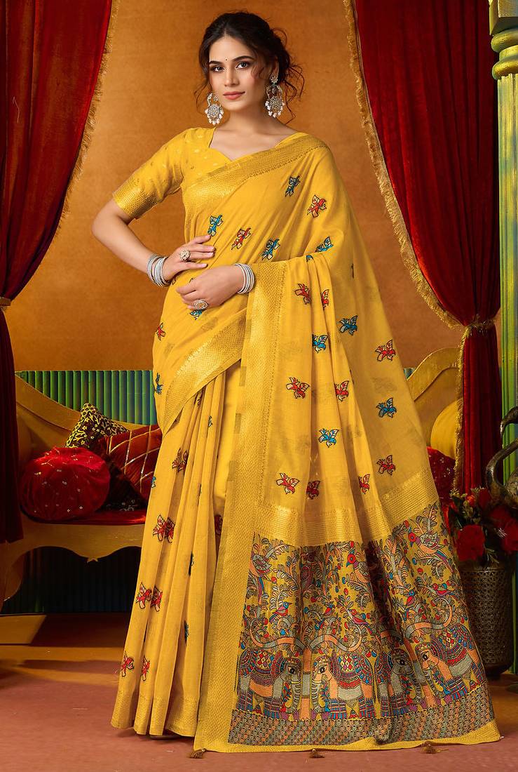 Mustard woven work with saree with blouse