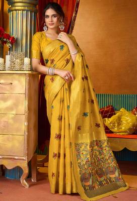 Mustard woven work with saree with blouse 2