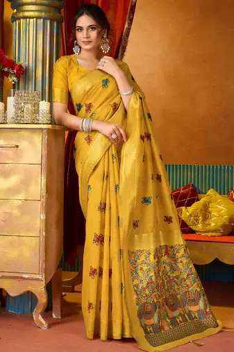 Mustard woven work with saree with blouse