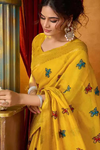Mustard woven work with saree with blouse