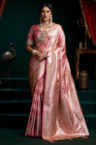 Pink satin silk jacquard woven with fancy saree with blouse