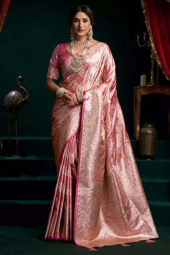 Pink satin silk jacquard woven with fancy saree with blouse