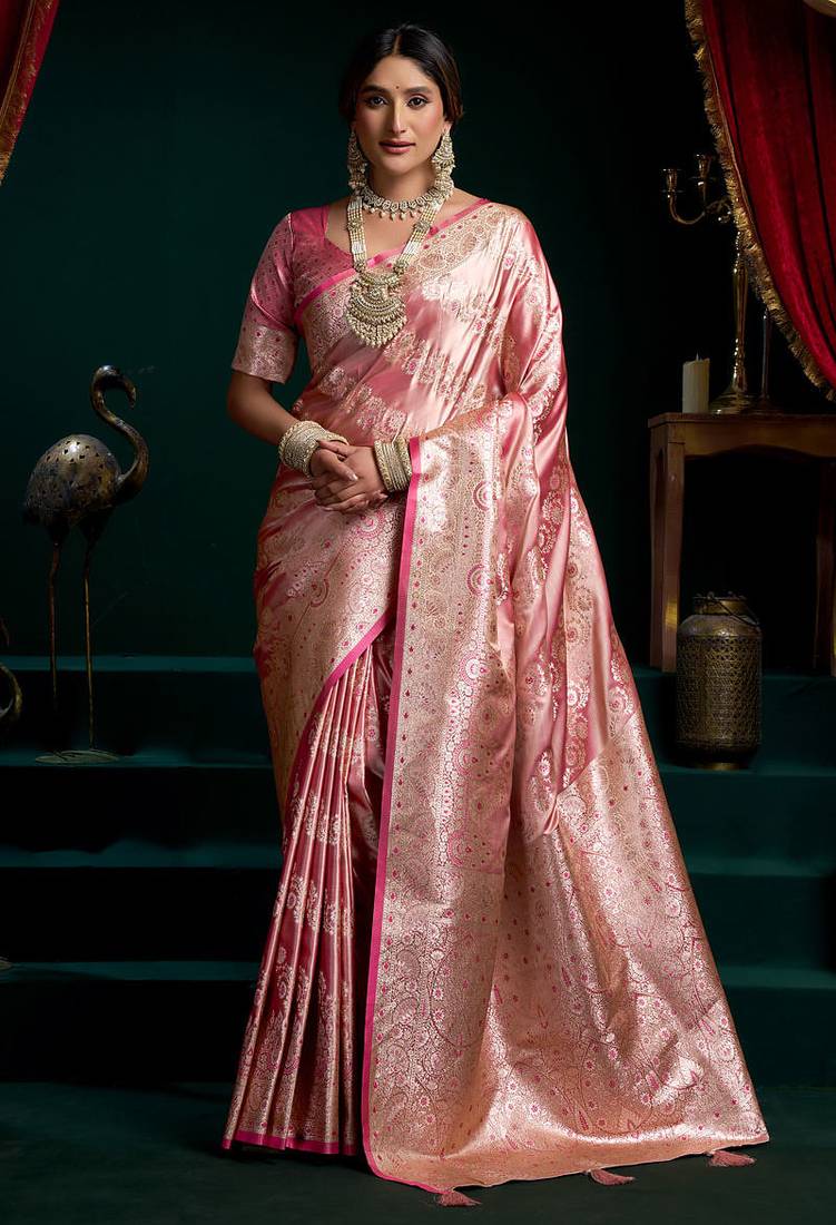 Pink satin silk jacquard woven with fancy saree with blouse