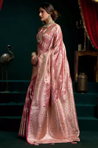 Pink satin silk jacquard woven with fancy saree with blouse
